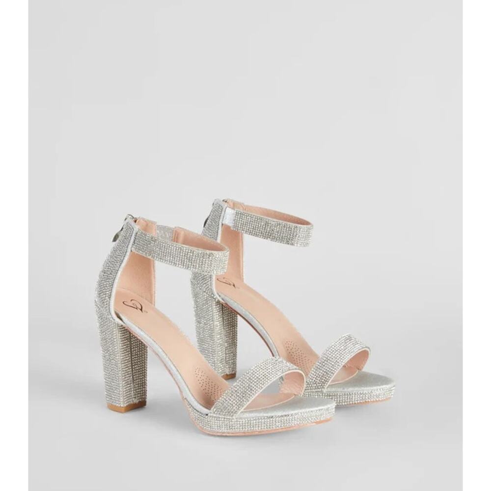 Windsor | Silver Shimmer In Rhinstone Block Strap Heels Preppy Homecoming Formal